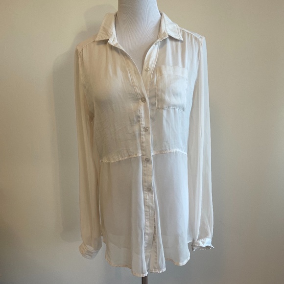 Free People White  Part Mesh Button Down Top - Picture 2 of 6